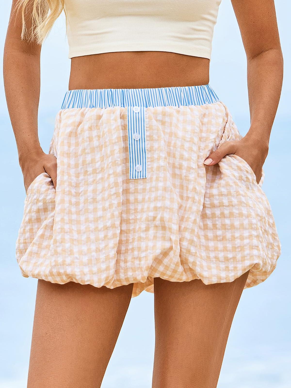 Imily Bela Womens Mini Plaid Bubble Skirts Striped Elastic Waist Cute Skorts Y2k Puffy Skirt with Short Underneath