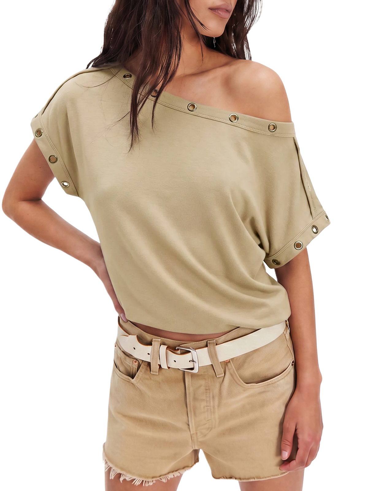 Imily Bela Off-Shoulder Grommet Short-Sleeve Tee
