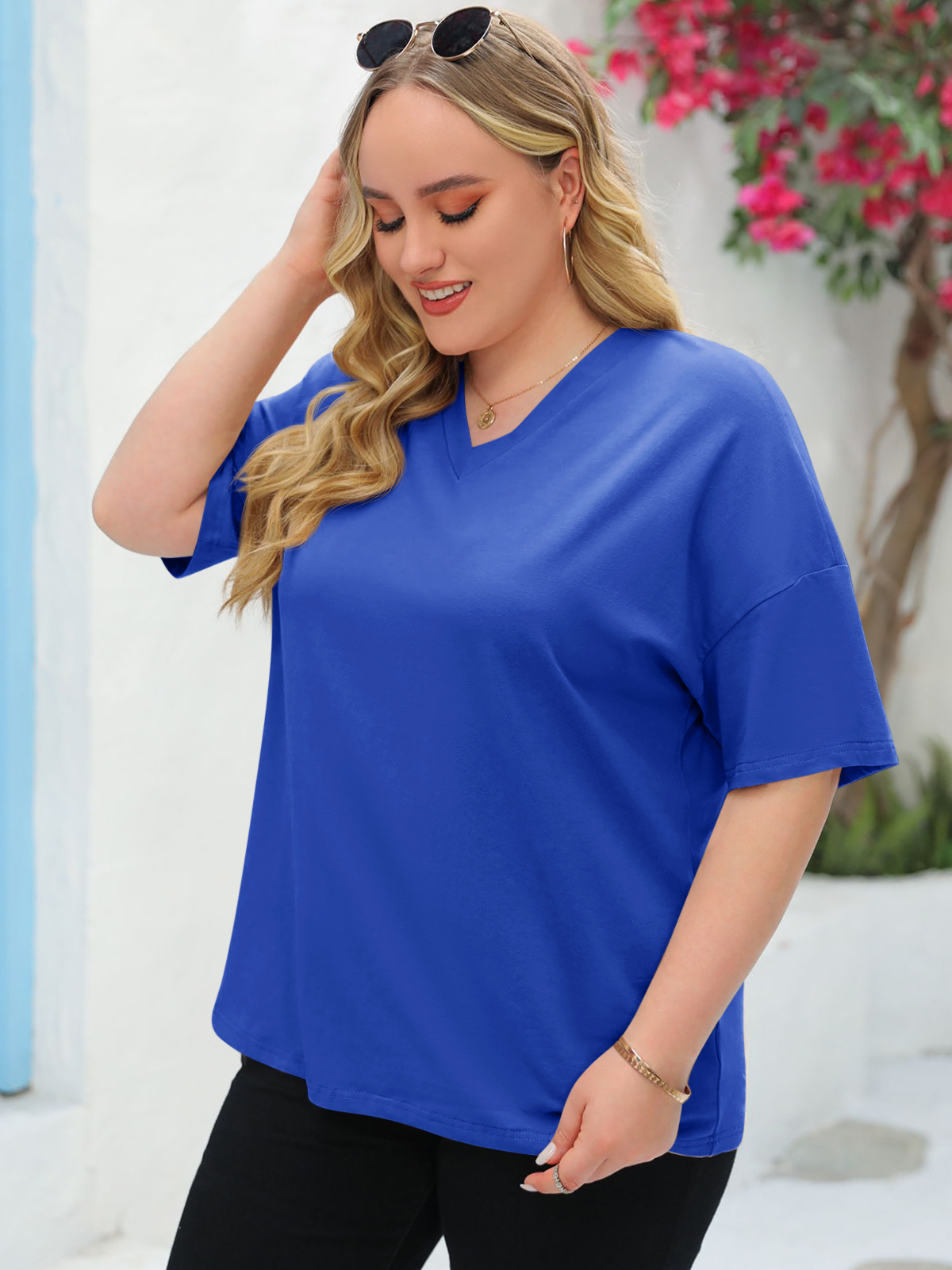 Imily Bela Women's Plus Size V Neck T Shirts Summer Half Sleeve Tees Casual Loose Fit Cotton Tunic Tops