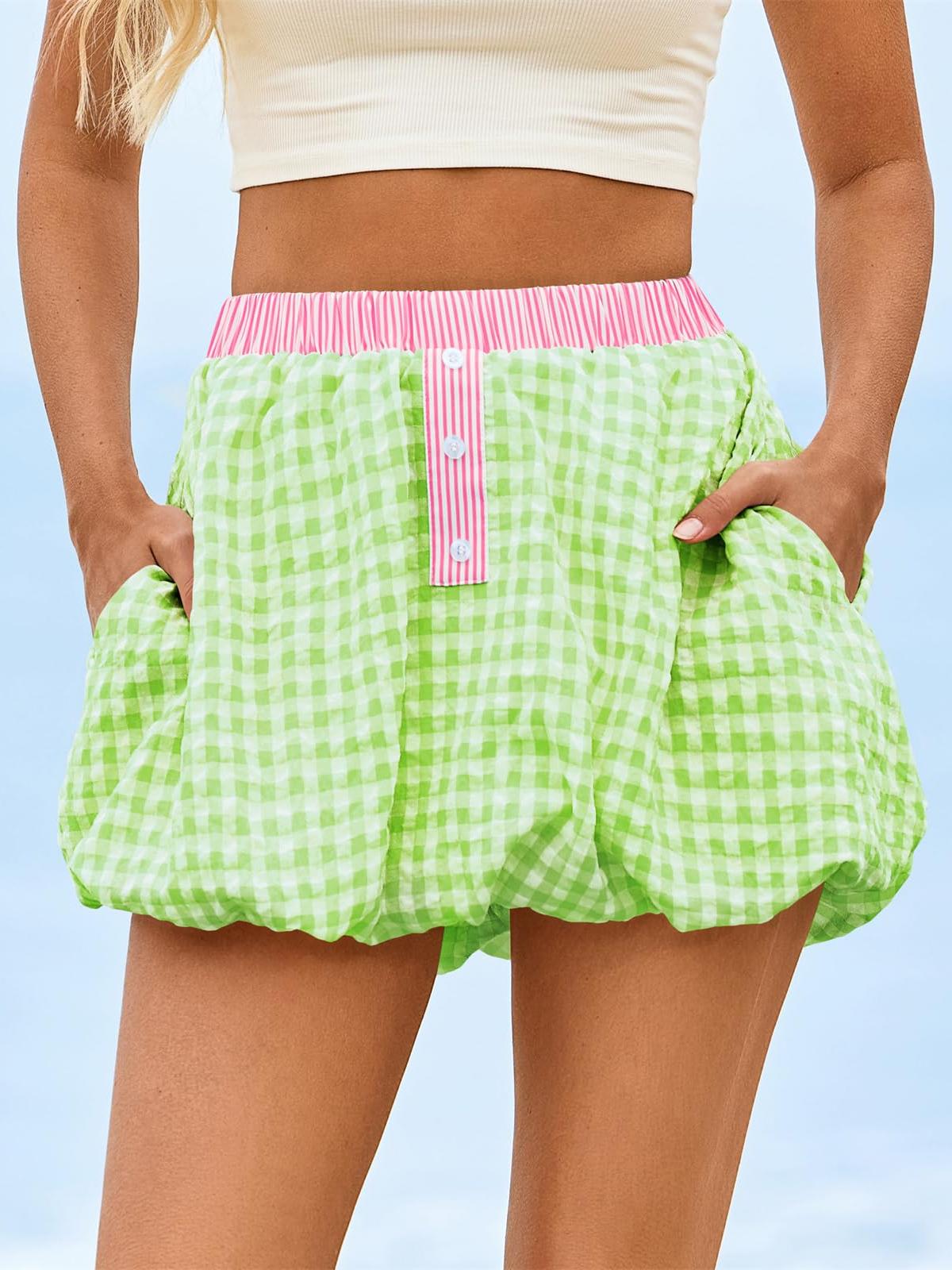 Imily Bela Womens Mini Plaid Bubble Skirts Striped Elastic Waist Cute Skorts Y2k Puffy Skirt with Short Underneath