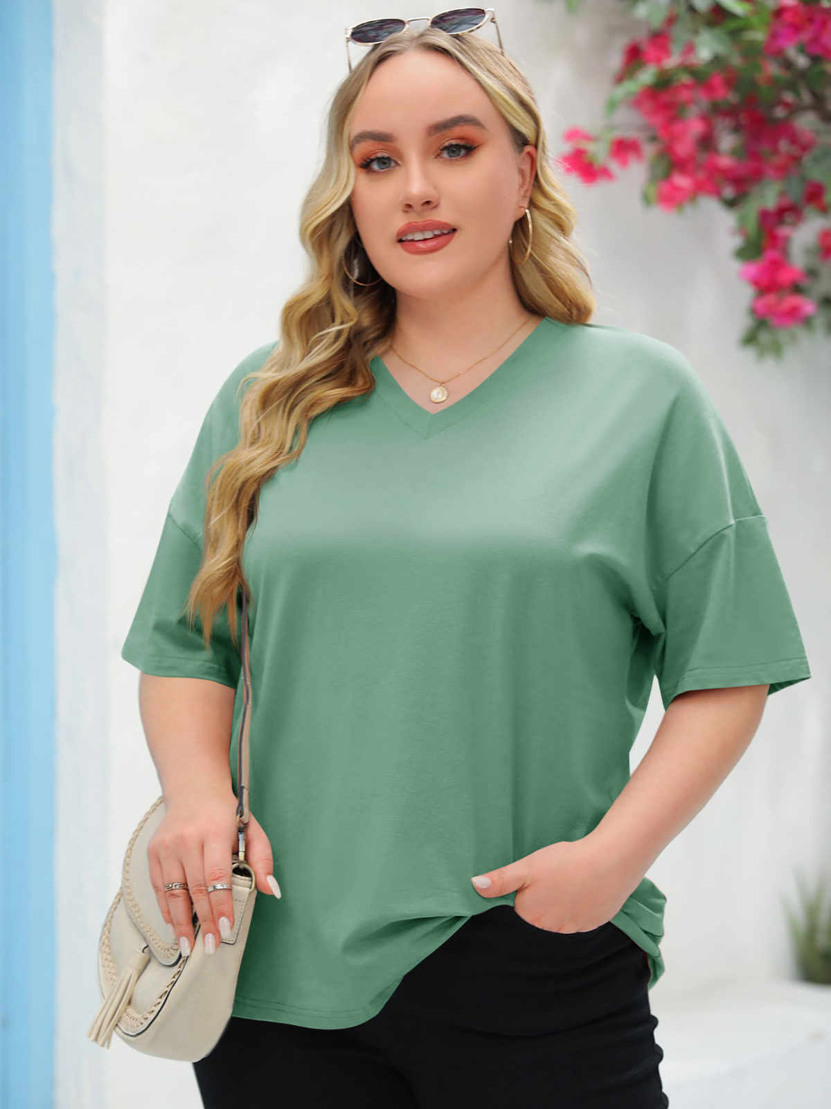 Imily Bela Women's Plus Size V Neck T Shirts Summer Half Sleeve Tees Casual Loose Fit Cotton Tunic Tops