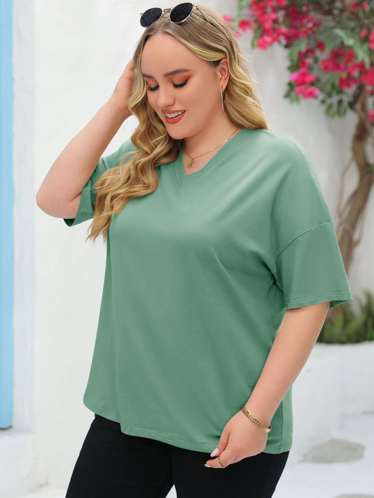 Imily Bela Women's Plus Size V Neck T Shirts Summer Half Sleeve Tees Casual Loose Fit Cotton Tunic Tops
