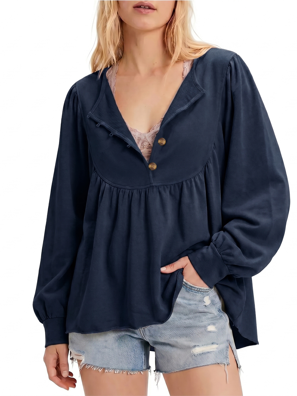 Imily Bela Raw-Hem Babydoll Henley Top