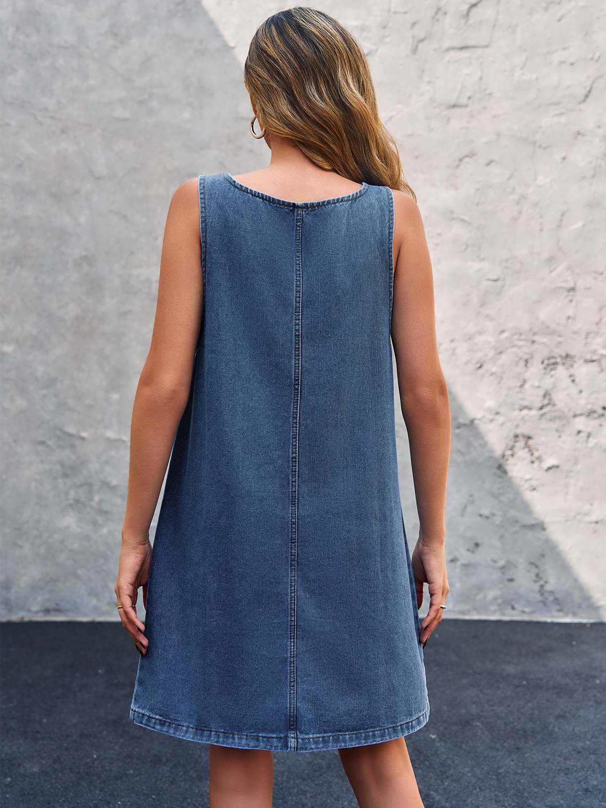 Imily Bela Women's Sleeveless Casual Denim Dress Crewneck Vintage Loose Jean Overall Dress with Pockets