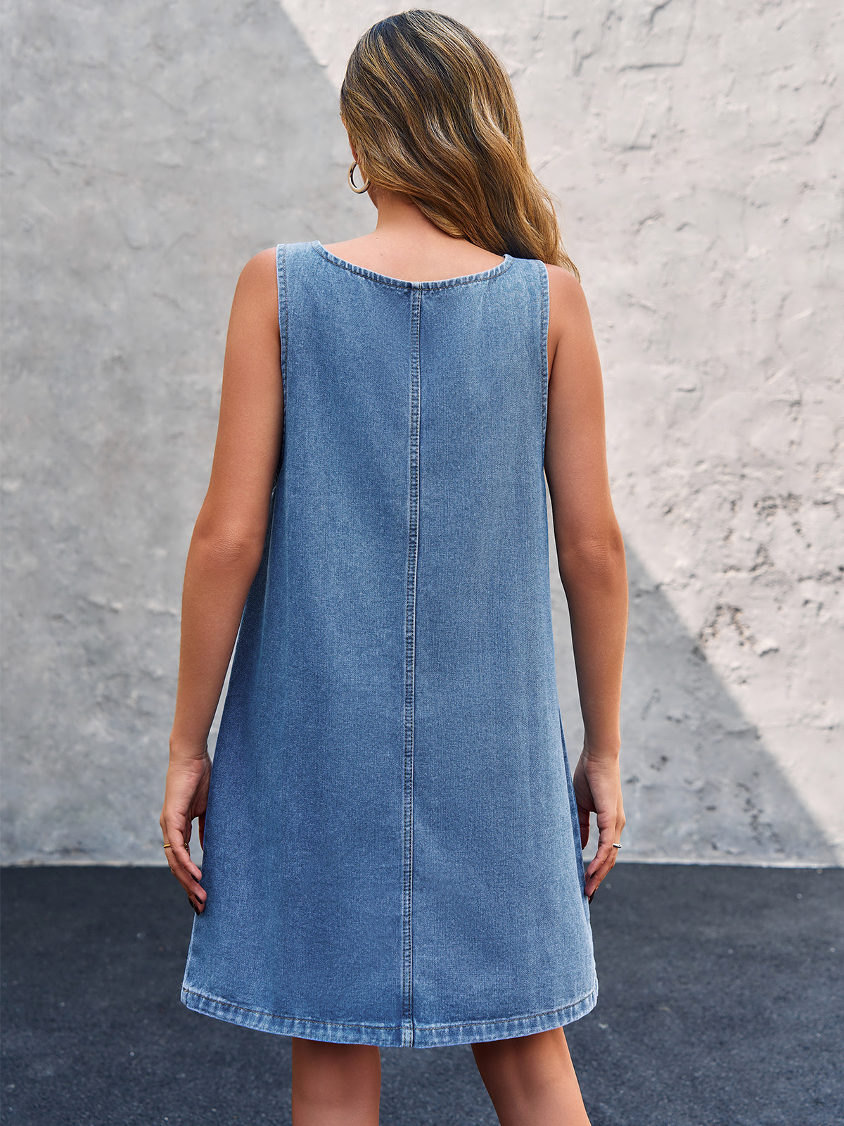 Imily Bela Women's Sleeveless Casual Denim Dress Crewneck Vintage Loose Jean Overall Dress with Pockets