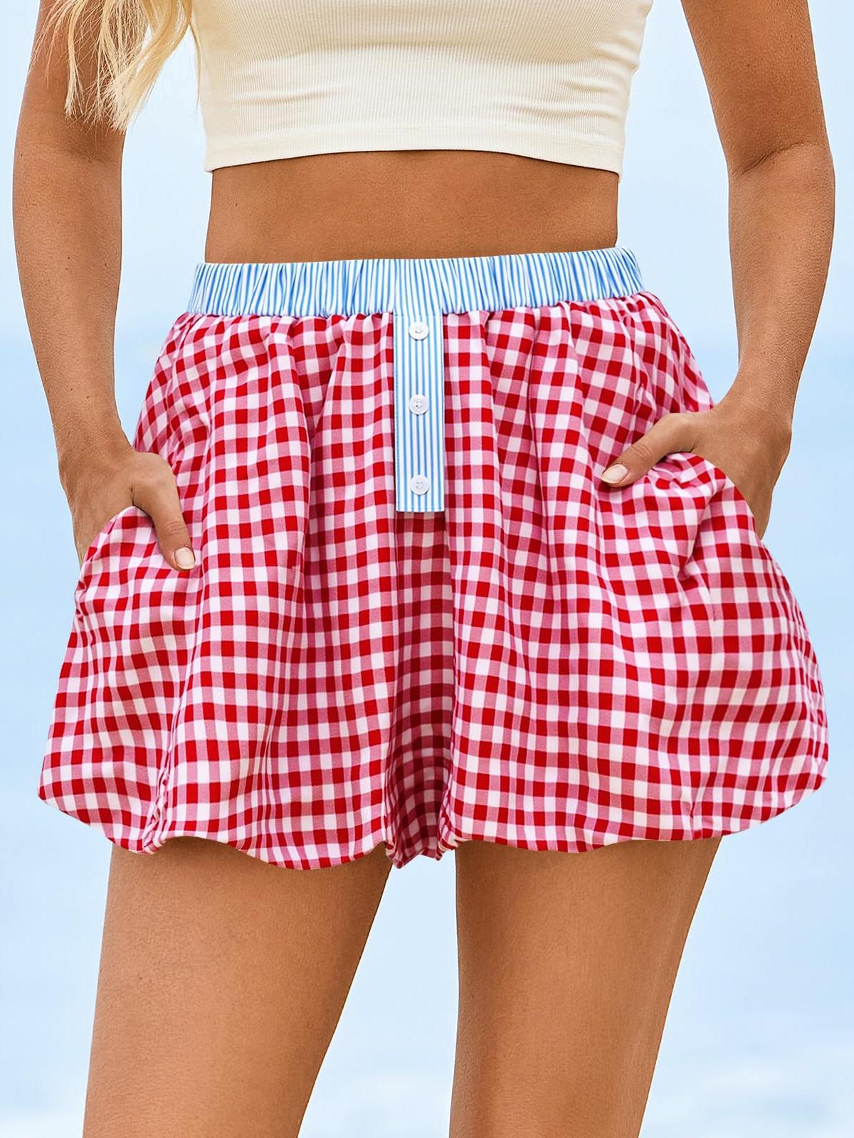 Imily Bela Womens Mini Plaid Bubble Skirts Striped Elastic Waist Cute Skorts Y2k Puffy Skirt with Short Underneath