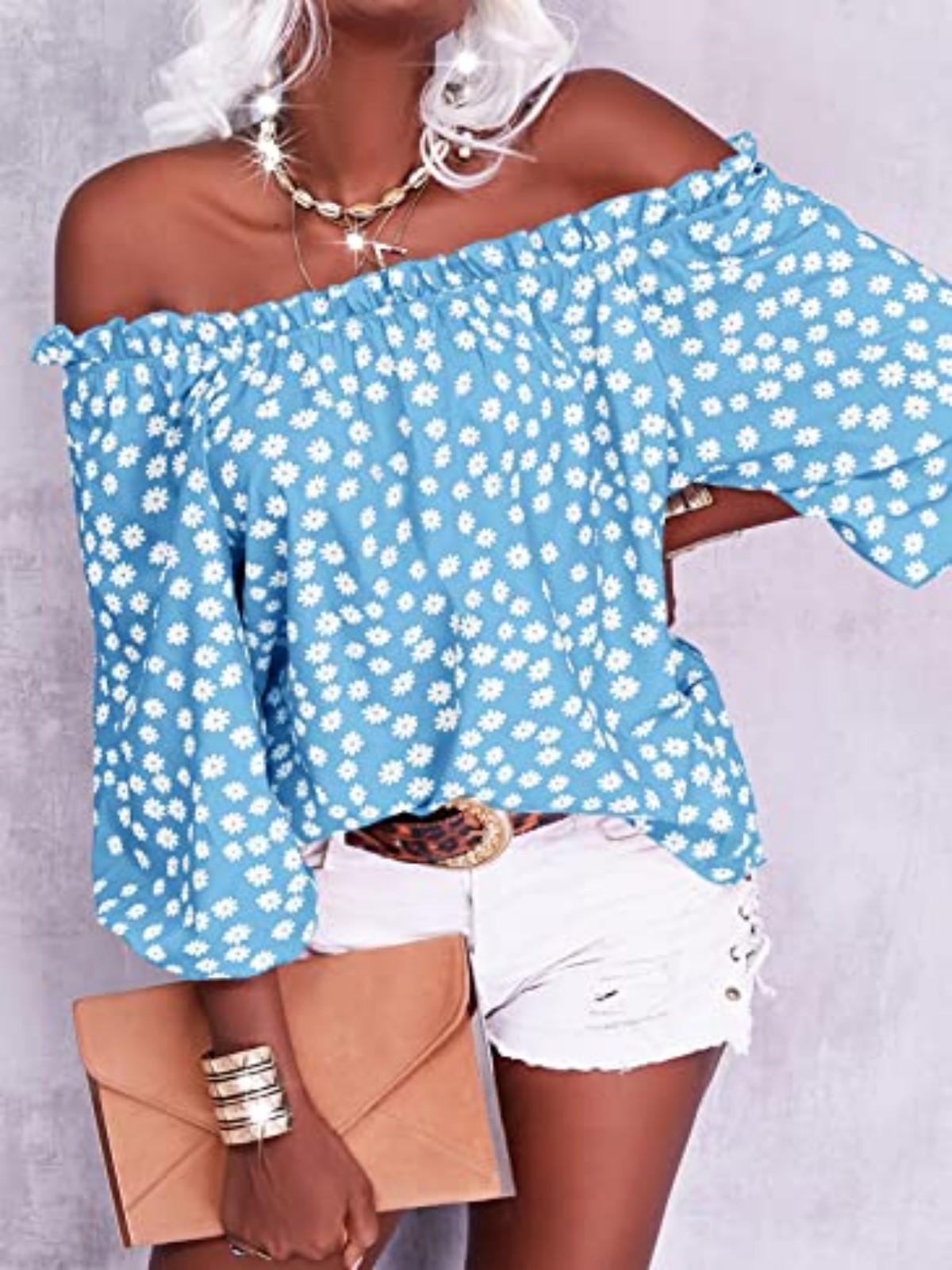 Imily Bela Womens Summer Off Shoulder Blouse Floral Print 3/4 Sleeve Casual Chiffon Tops Shirts