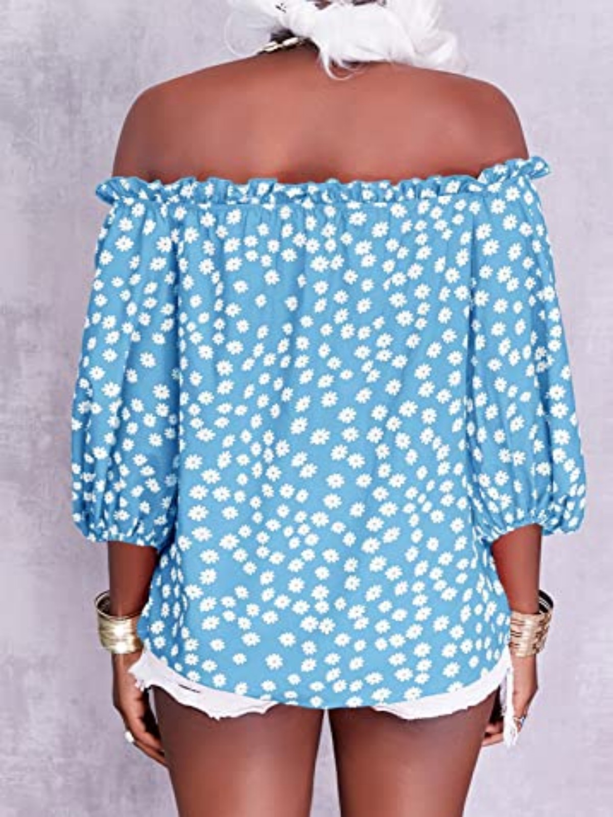 Imily Bela Womens Summer Off Shoulder Blouse Floral Print 3/4 Sleeve Casual Chiffon Tops Shirts