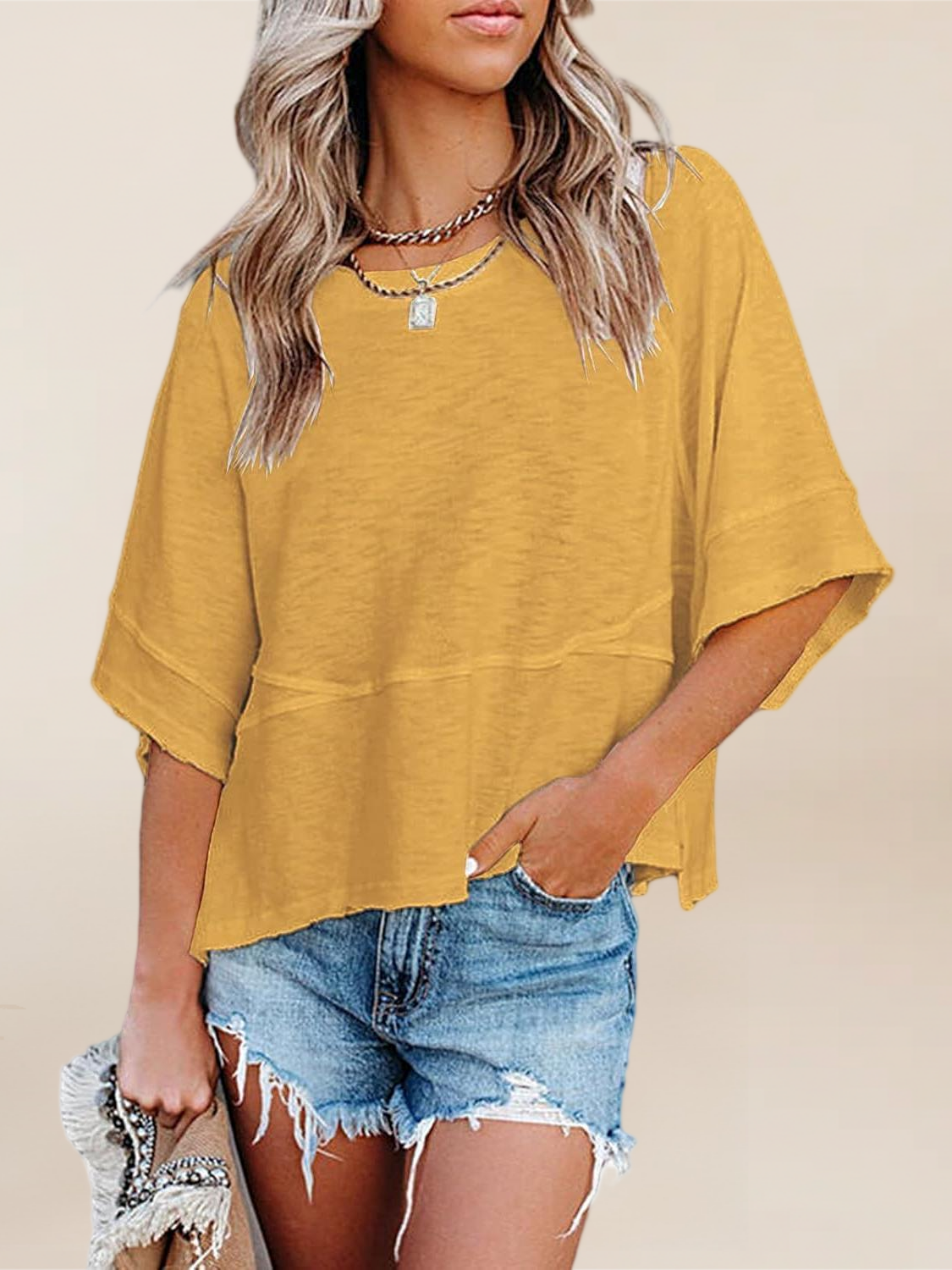 Imily Bela Womens Oversized T Shirts Summer Casual Crewneck 3/4 Sleeve Loose Fit Cute Flowy Tops
