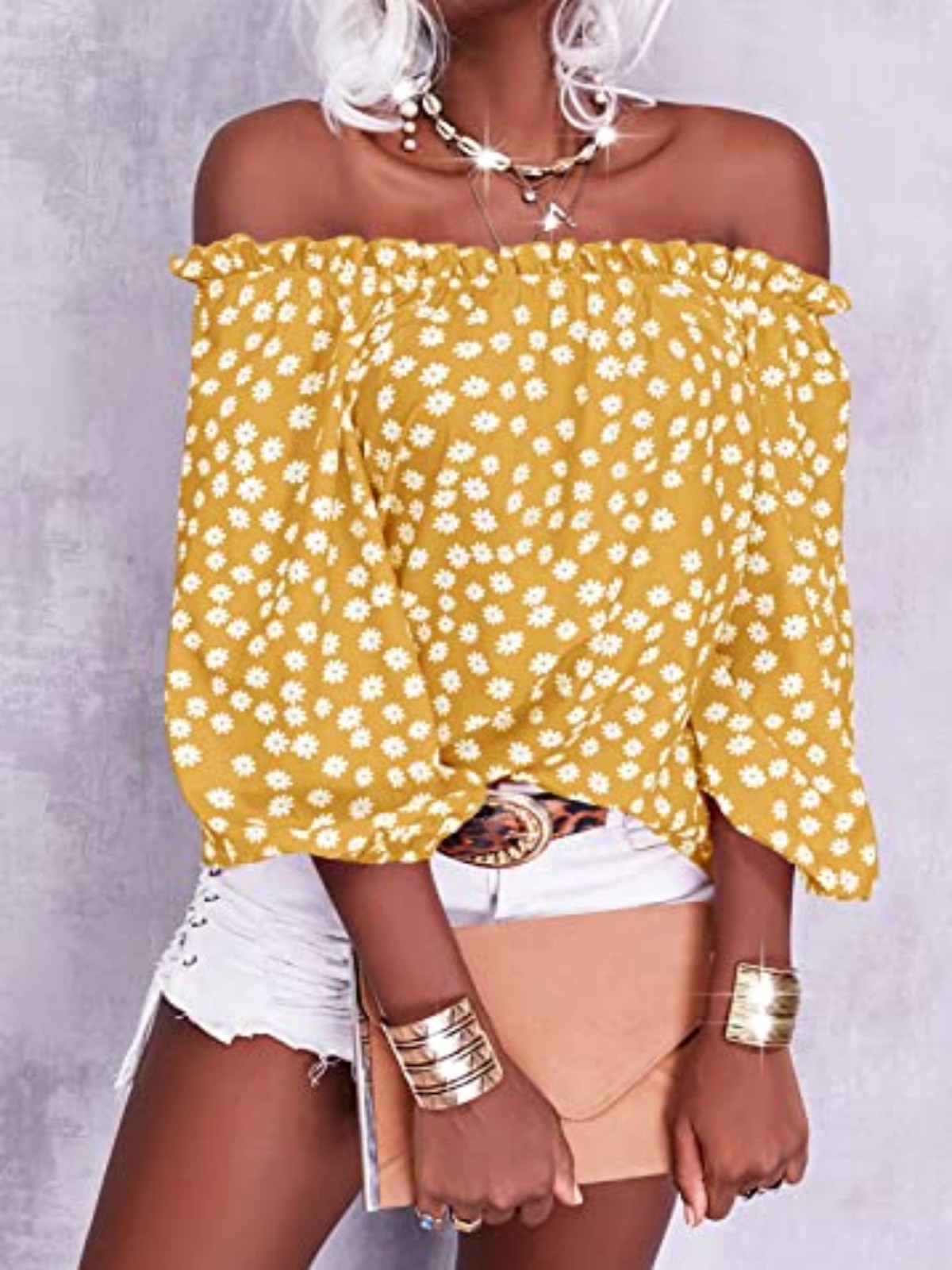 Imily Bela Womens Summer Off Shoulder Blouse Floral Print 3/4 Sleeve Casual Chiffon Tops Shirts