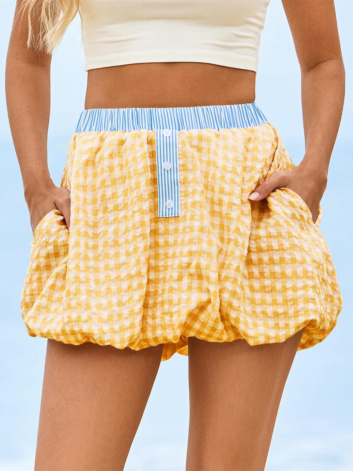 Imily Bela Womens Mini Plaid Bubble Skirts Striped Elastic Waist Cute Skorts Y2k Puffy Skirt with Short Underneath