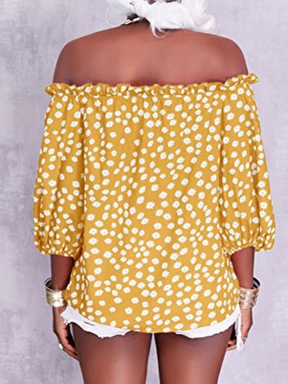 Imily Bela Womens Summer Off Shoulder Blouse Floral Print 3/4 Sleeve Casual Chiffon Tops Shirts