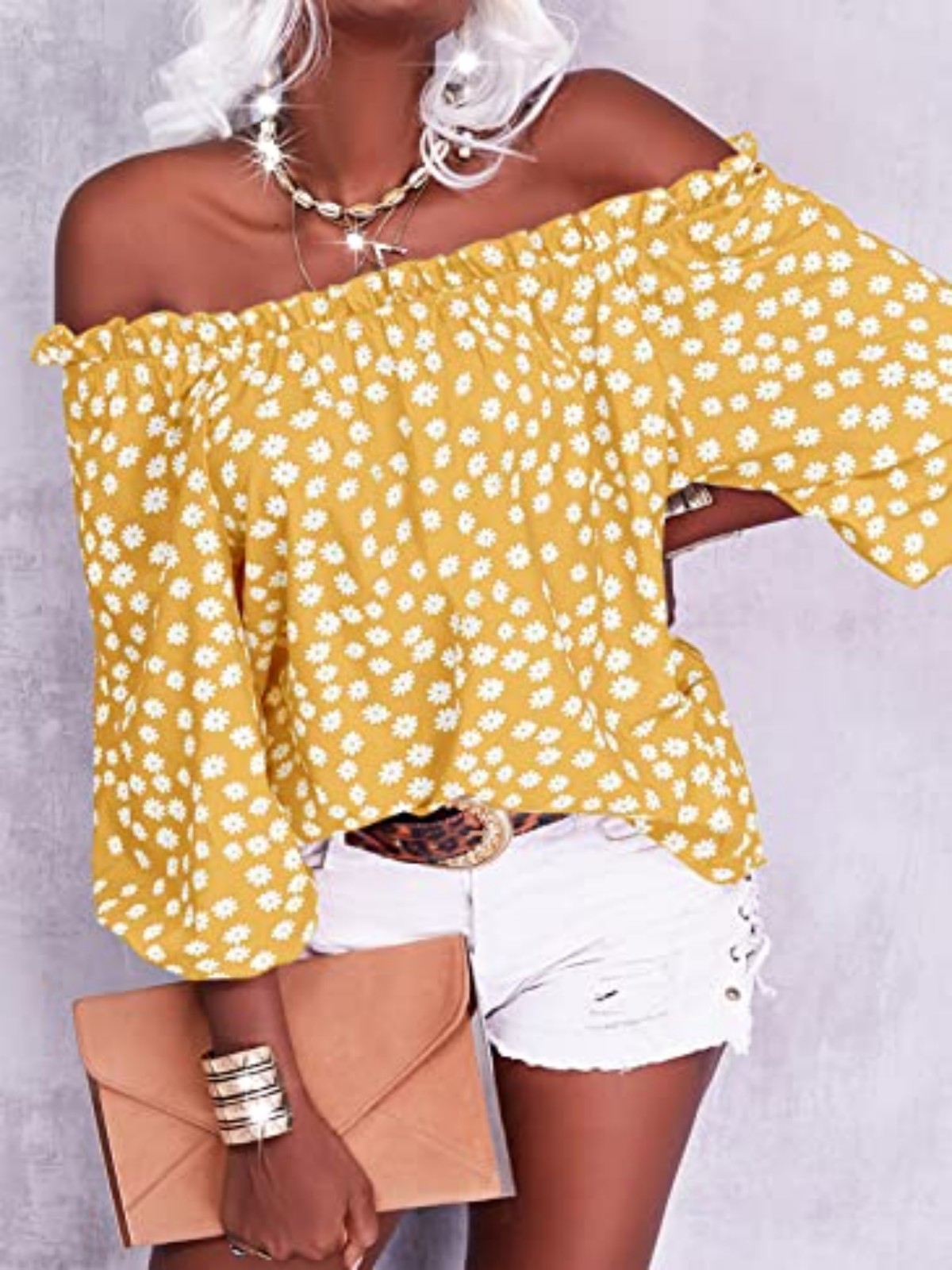 Imily Bela Womens Summer Off Shoulder Blouse Floral Print 3/4 Sleeve Casual Chiffon Tops Shirts