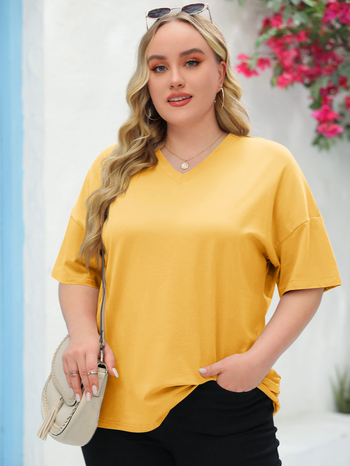Imily Bela Women's Plus Size V Neck T Shirts Summer Half Sleeve Tees Casual Loose Fit Cotton Tunic Tops
