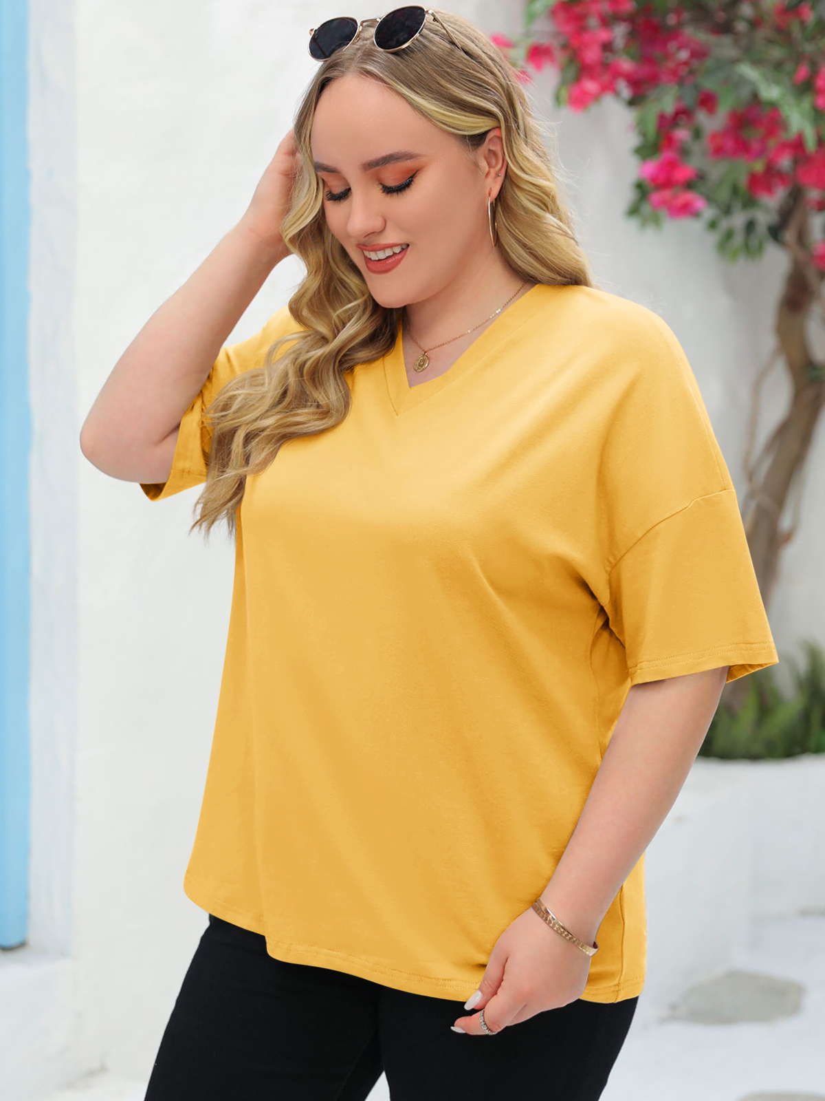 Imily Bela Women's Plus Size V Neck T Shirts Summer Half Sleeve Tees Casual Loose Fit Cotton Tunic Tops