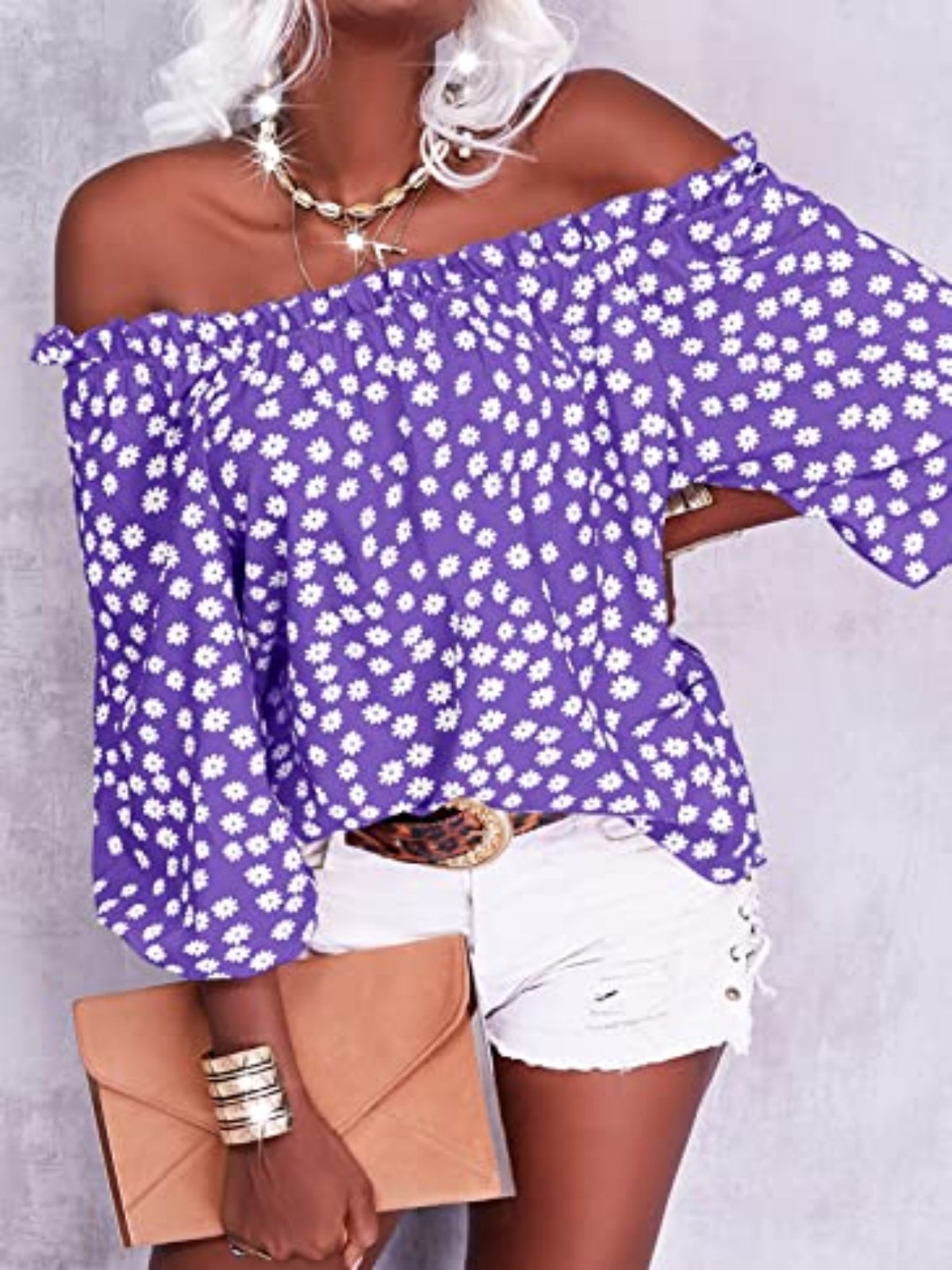 Imily Bela Womens Summer Off Shoulder Blouse Floral Print 3/4 Sleeve Casual Chiffon Tops Shirts