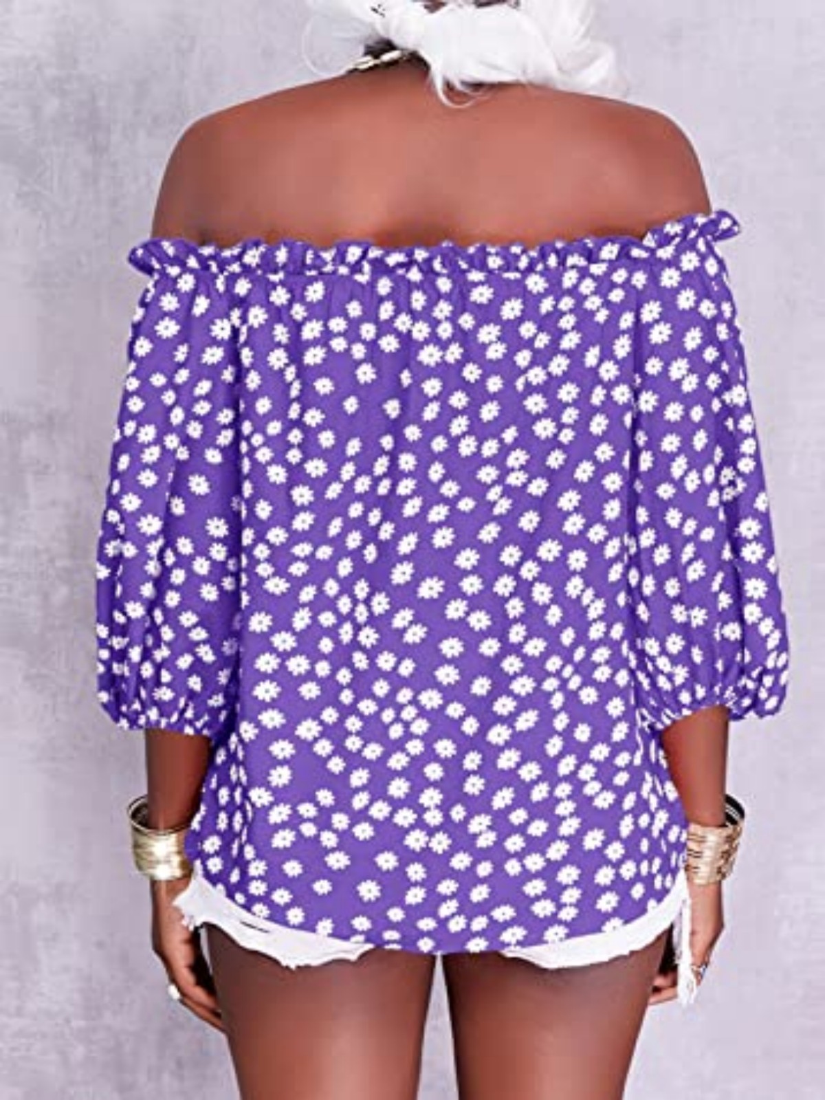 Imily Bela Womens Summer Off Shoulder Blouse Floral Print 3/4 Sleeve Casual Chiffon Tops Shirts