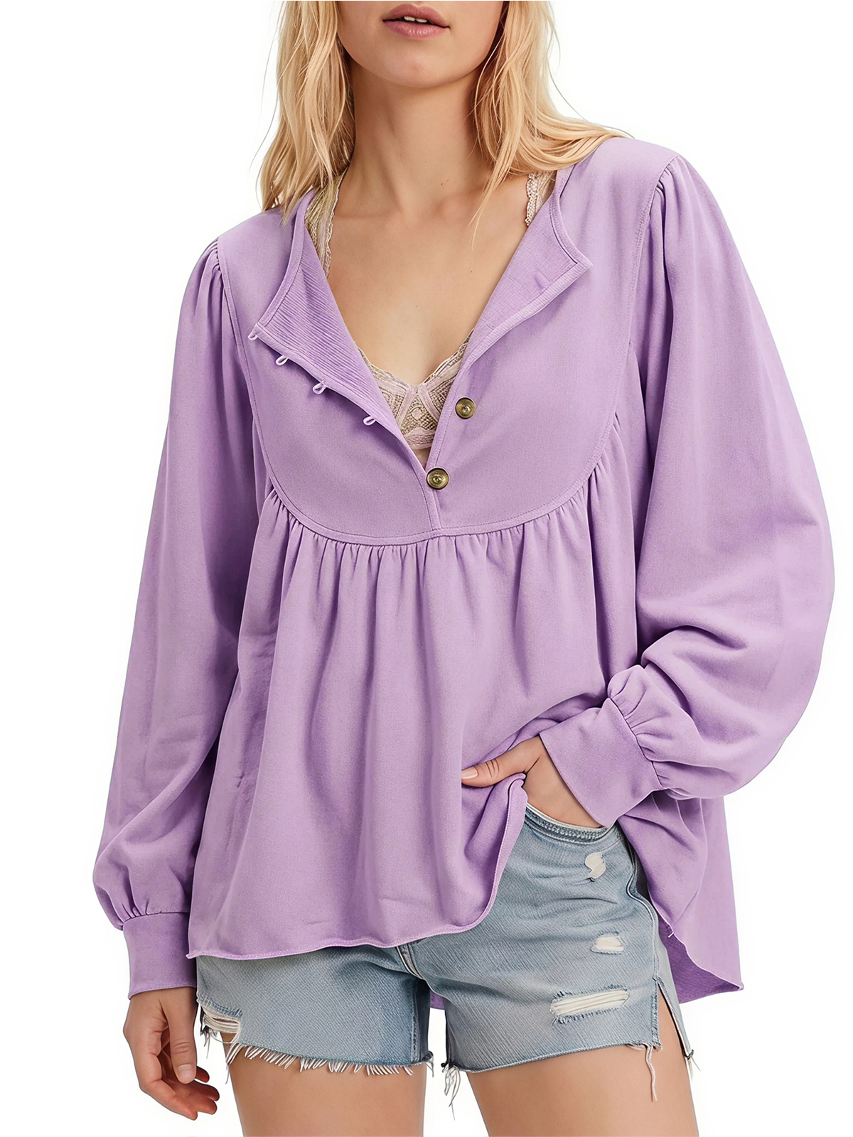 Imily Bela Raw-Hem Babydoll Henley Top