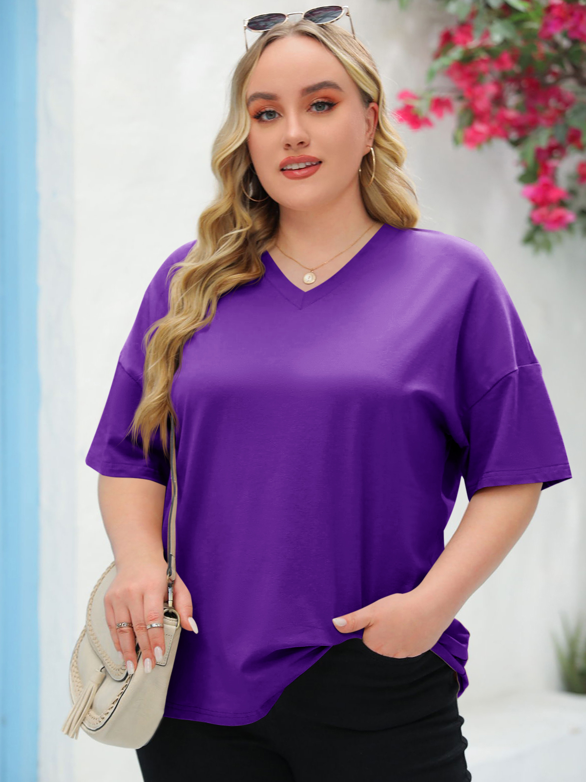 Imily Bela Women's Plus Size V Neck T Shirts Summer Half Sleeve Tees Casual Loose Fit Cotton Tunic Tops