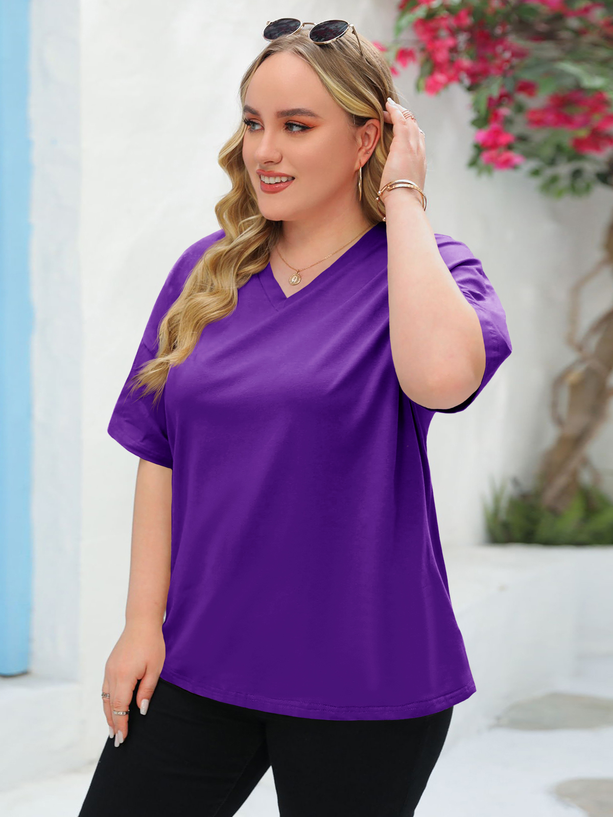 Imily Bela Women's Plus Size V Neck T Shirts Summer Half Sleeve Tees Casual Loose Fit Cotton Tunic Tops