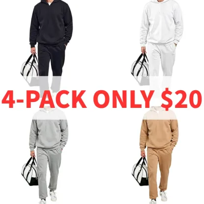 Men's Plain Two-piece Sweatsuit Set, Basic Regular Fit Casual Drop Shoulder Half Zip Hoodie & Pocket Drawstring Sweatpants