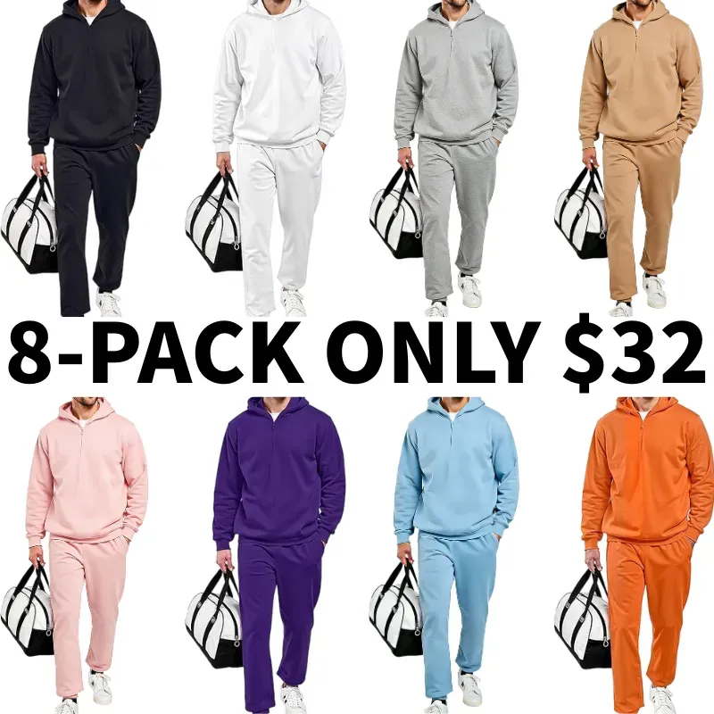 Men's Plain Two-piece Sweatsuit Set, Basic Regular Fit Casual Drop Shoulder Half Zip Hoodie & Pocket Drawstring Sweatpants
