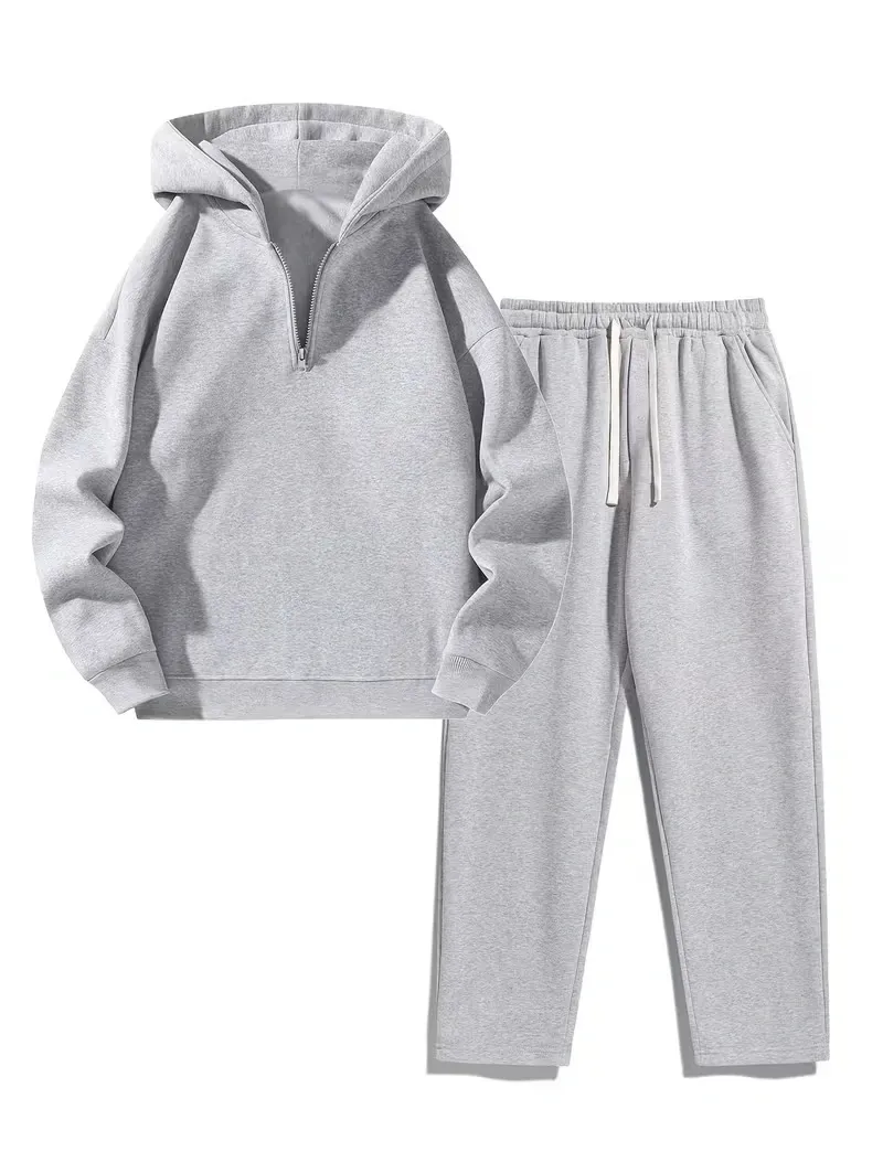 Men's Plain Two-piece Sweatsuit Set, Basic Regular Fit Casual Drop Shoulder Half Zip Hoodie & Pocket Drawstring Sweatpants