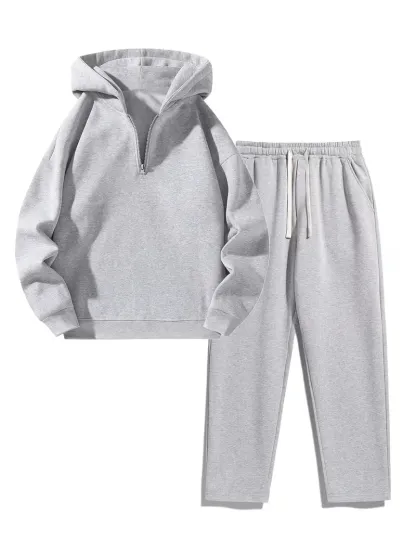Men's Plain Two-piece Sweatsuit Set, Basic Regular Fit Casual Drop Shoulder Half Zip Hoodie & Pocket Drawstring Sweatpants