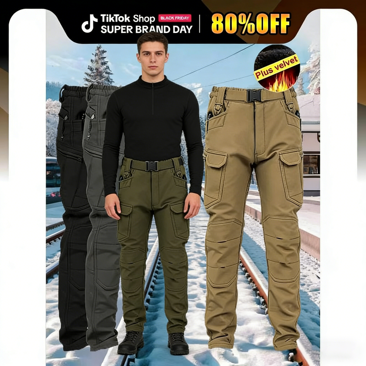 DD 🔥Men's Windproof & Warm Outdoor Tactical Pants - Fleece-Lined, Solid Color, Mid-Rise, 320g Knit Fabric (Belt-Free, Multi-Pocket, Regular Fit) | Fall/Winter Casual Weekend Wear