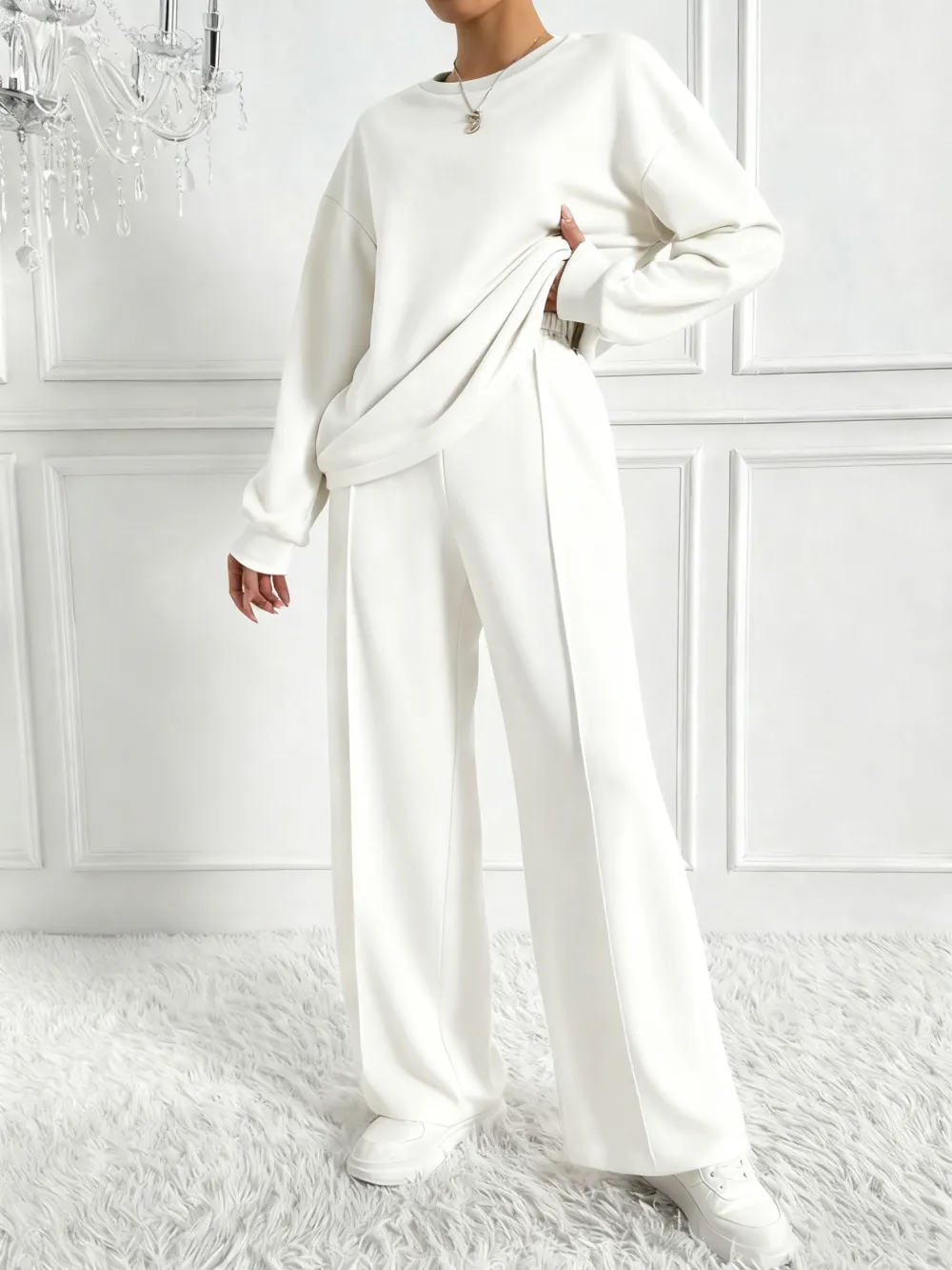 Women's Solid 2-Piece Set: Drop Shoulder Sweatshirt + Elastic Waist Pants