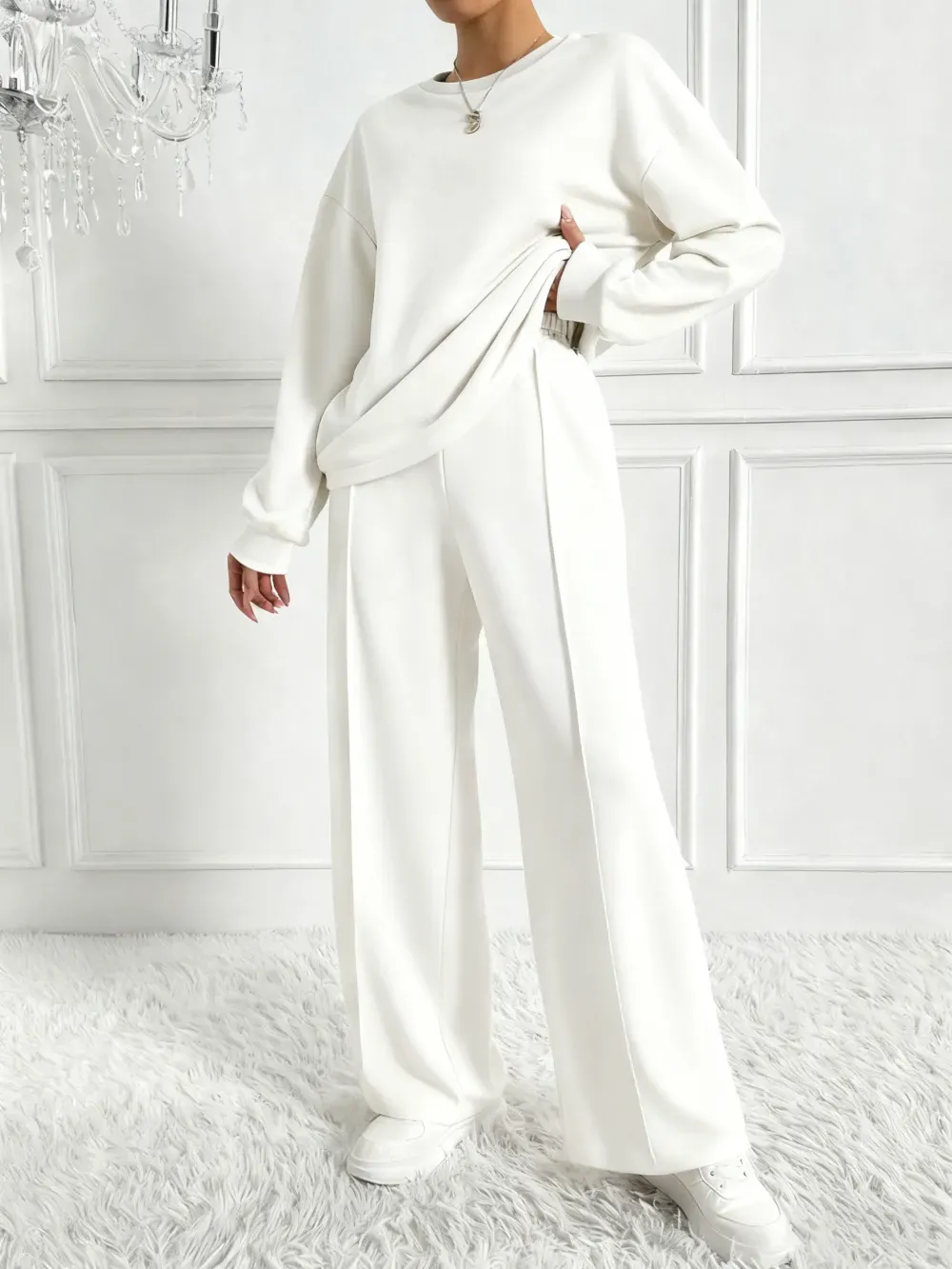 Women's Solid 2-Piece Set: Drop Shoulder Sweatshirt + Elastic Waist Pants