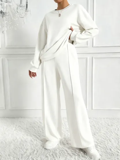 Women's Solid 2-Piece Set: Drop Shoulder Sweatshirt + Elastic Waist Pants