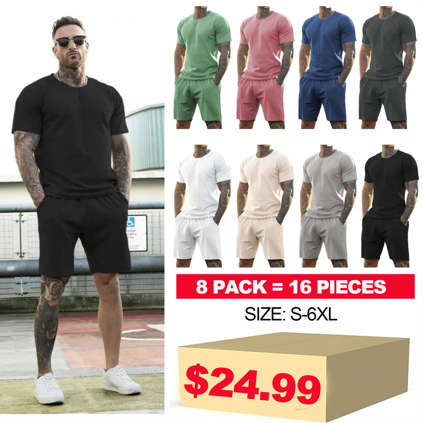 8 Pack-Mens Short Sets 2 Piece Outfits Fashion Summer Tracksuits Casua