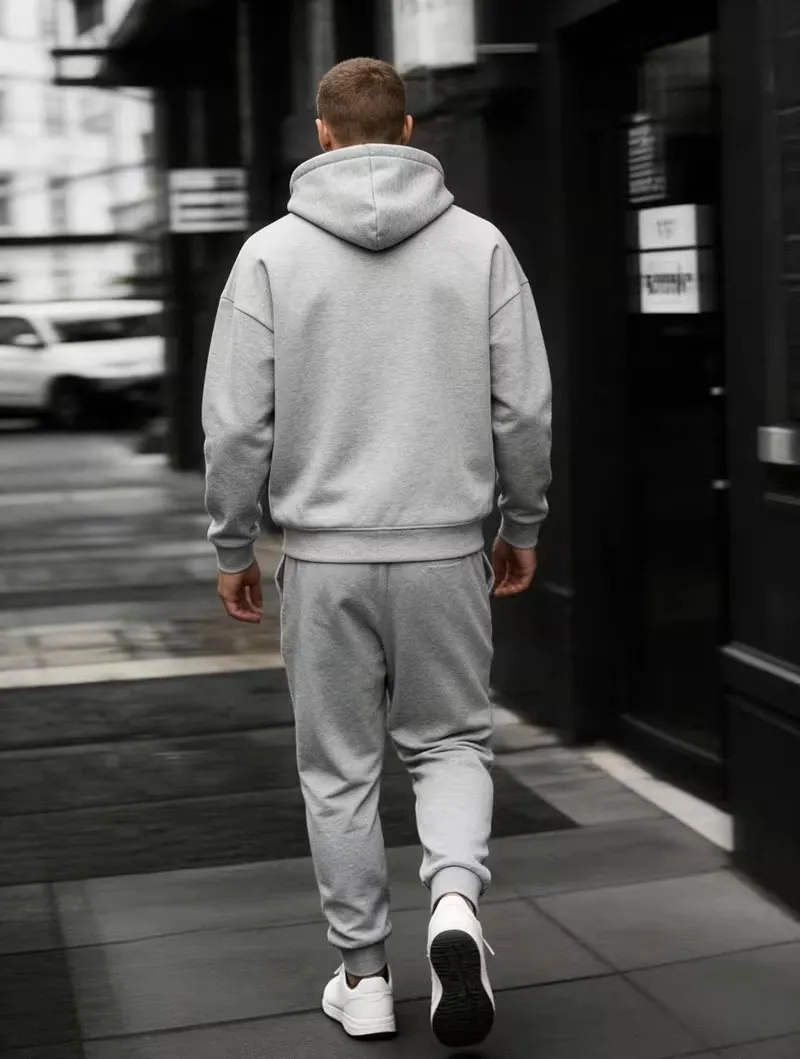Men's Plain Two-piece Sweatsuit Set, Basic Regular Fit Casual Drop Shoulder Half Zip Hoodie & Pocket Drawstring Sweatpants
