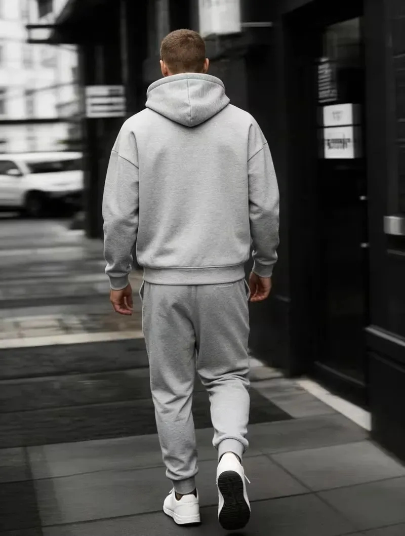 Men's Plain Two-piece Sweatsuit Set, Basic Regular Fit Casual Drop Shoulder Half Zip Hoodie & Pocket Drawstring Sweatpants