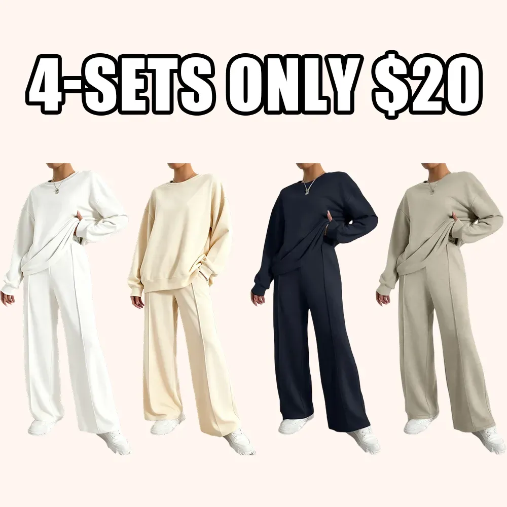 Women's Solid 2-Piece Set: Drop Shoulder Sweatshirt + Elastic Waist Pants