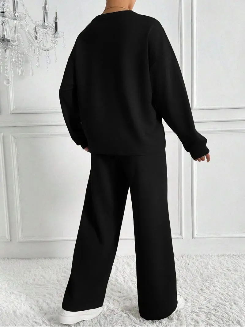 Women's Solid 2-Piece Set: Drop Shoulder Sweatshirt + Elastic Waist Pants