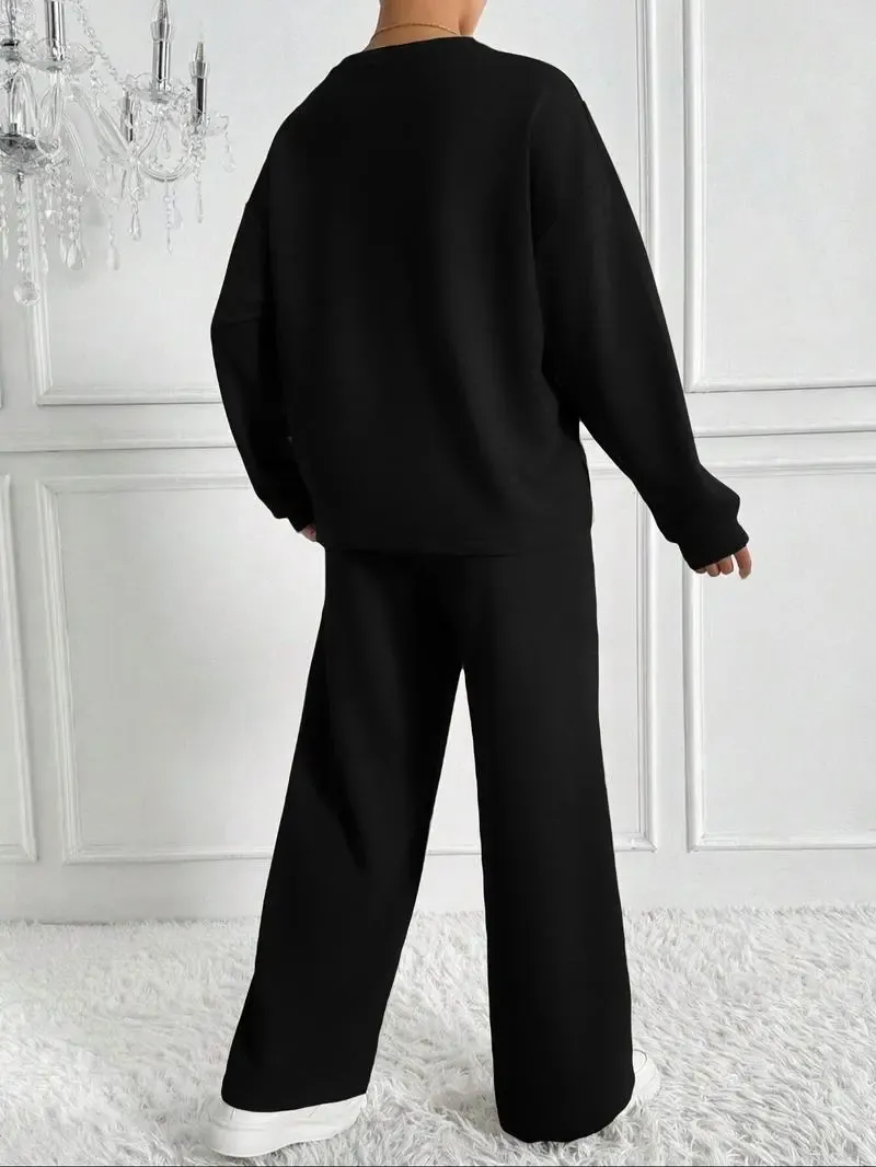 Women's Solid 2-Piece Set: Drop Shoulder Sweatshirt + Elastic Waist Pants