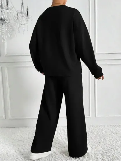 Women's Solid 2-Piece Set: Drop Shoulder Sweatshirt + Elastic Waist Pants
