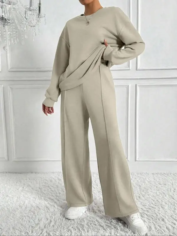 Women's Solid 2-Piece Set: Drop Shoulder Sweatshirt + Elastic Waist Pants
