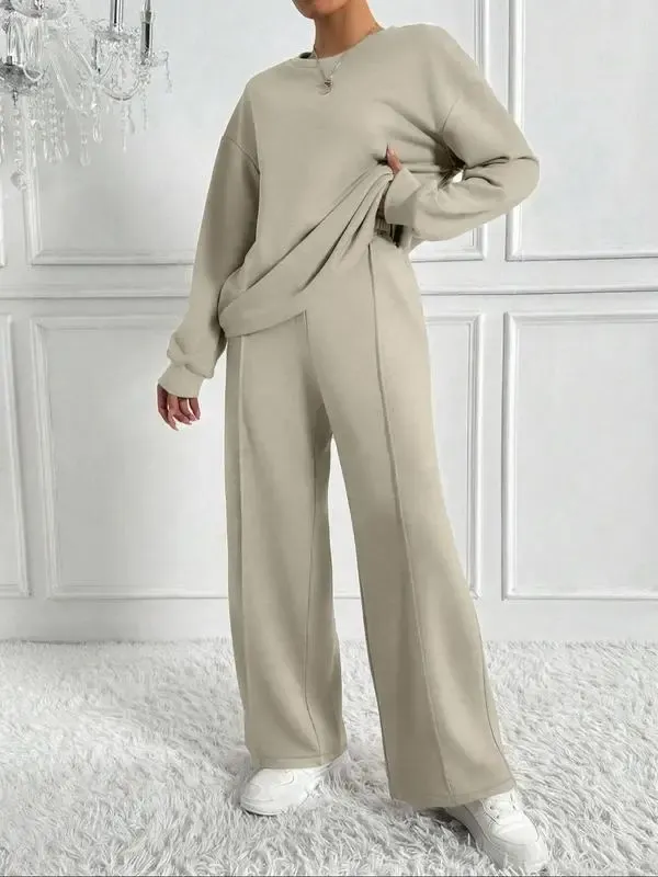 Women's Solid 2-Piece Set: Drop Shoulder Sweatshirt + Elastic Waist Pants