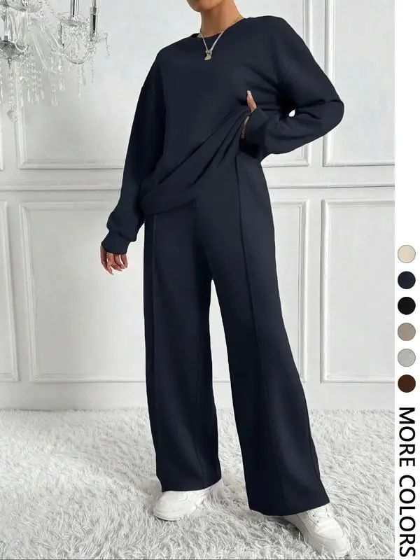 Women's Solid 2-Piece Set: Drop Shoulder Sweatshirt + Elastic Waist Pants