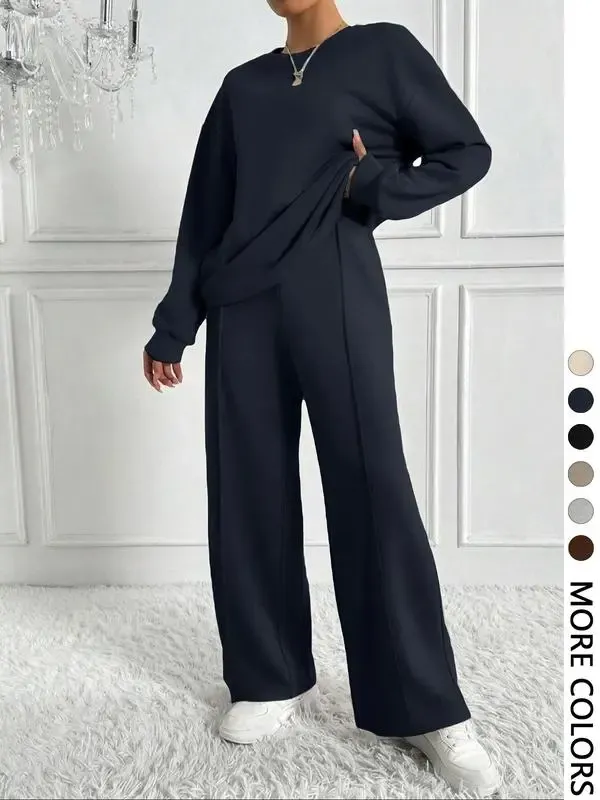 Women's Solid 2-Piece Set: Drop Shoulder Sweatshirt + Elastic Waist Pants