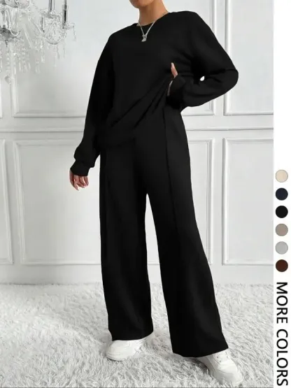 Women's Solid 2-Piece Set: Drop Shoulder Sweatshirt + Elastic Waist Pants