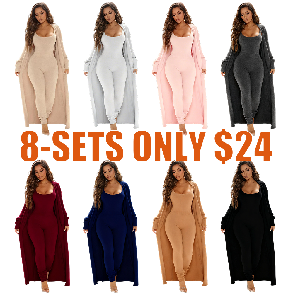 ZZW-Cozy Knit Jumpsuit & Long Cardigan Set