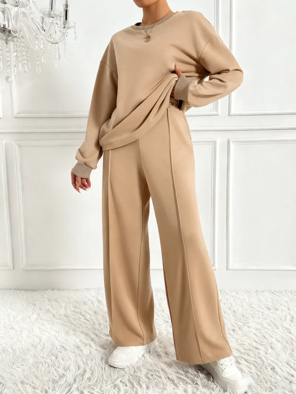 Women's Solid 2-Piece Set: Drop Shoulder Sweatshirt + Elastic Waist Pants