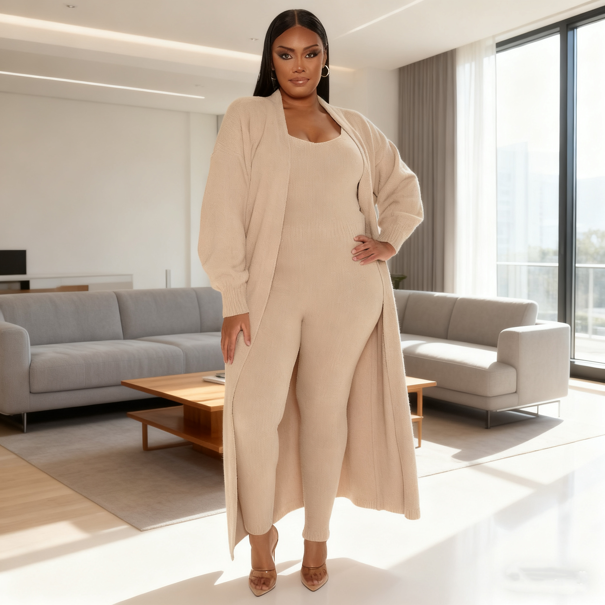 ZZW-Cozy Knit Jumpsuit & Long Cardigan Set