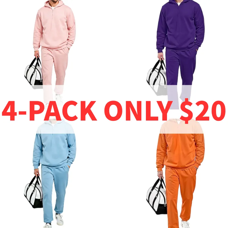 Men's Plain Two-piece Sweatsuit Set, Basic Regular Fit Casual Drop Shoulder Half Zip Hoodie & Pocket Drawstring Sweatpants