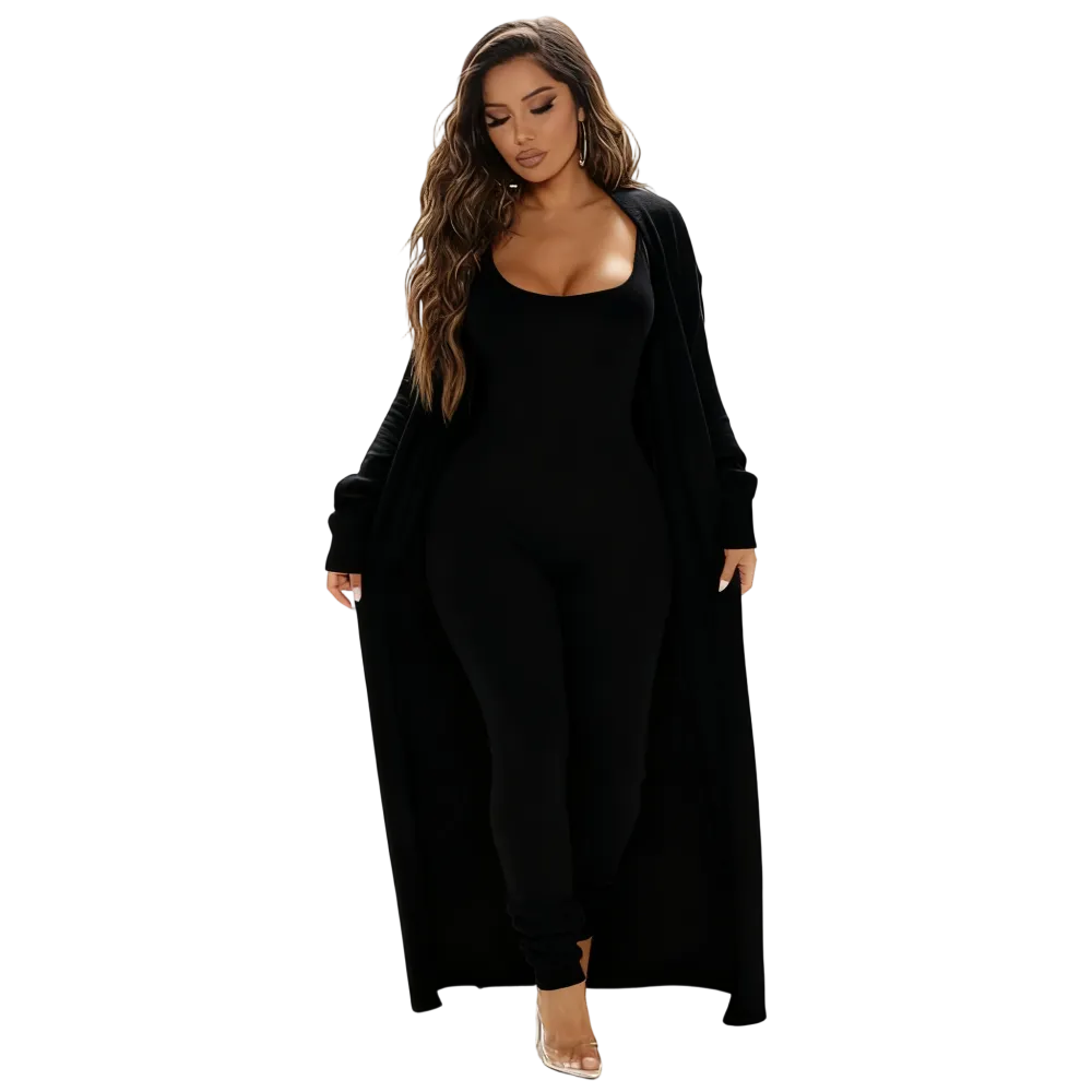 ZZW-Cozy Knit Jumpsuit & Long Cardigan Set
