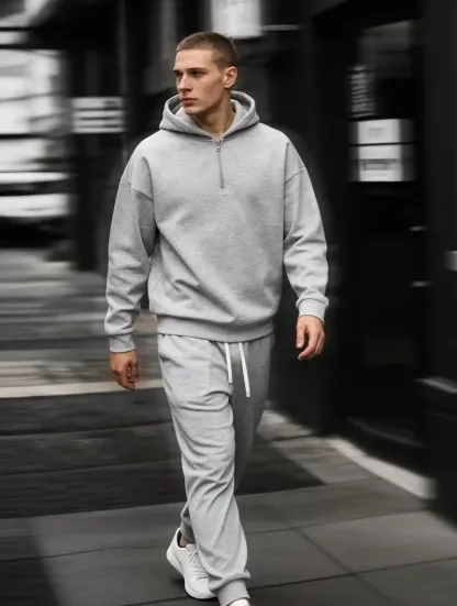 Men's Plain Two-piece Sweatsuit Set, Basic Regular Fit Casual Drop Shoulder Half Zip Hoodie & Pocket Drawstring Sweatpants